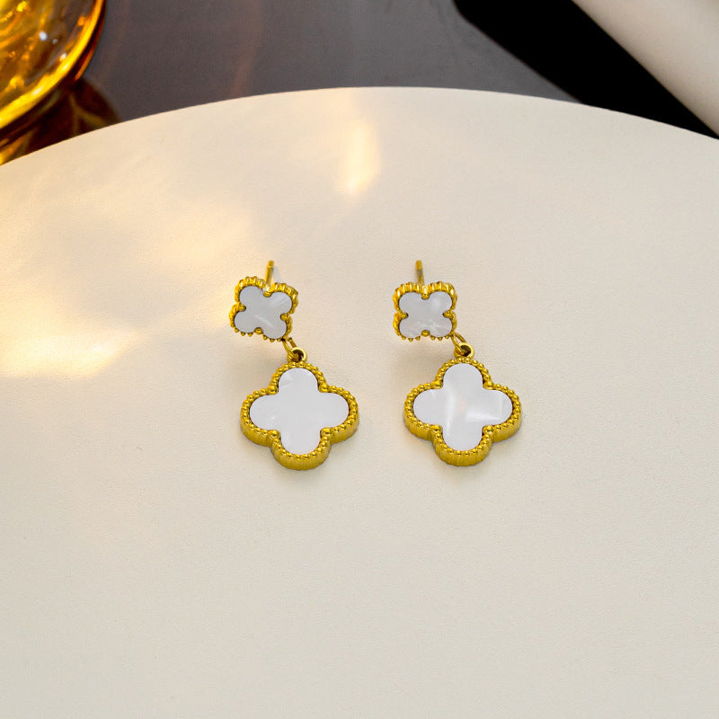 Lucky four-leaf flower fringed stud earrings Internet celebrity explosion versatile earrings exquisite Fan family temperament high-end earrings