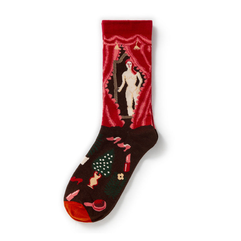 Oil Painting Socks Women's French Retro Ins Tide Autumn and Winter Abstract Tall Tube Creative Combed Cotton Women's Medium Tube Socks