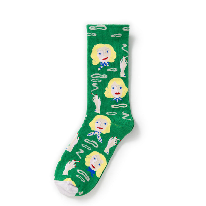 Oil Painting Socks Women's French Retro Ins Tide Autumn and Winter Abstract Tall Tube Creative Combed Cotton Women's Medium Tube Socks