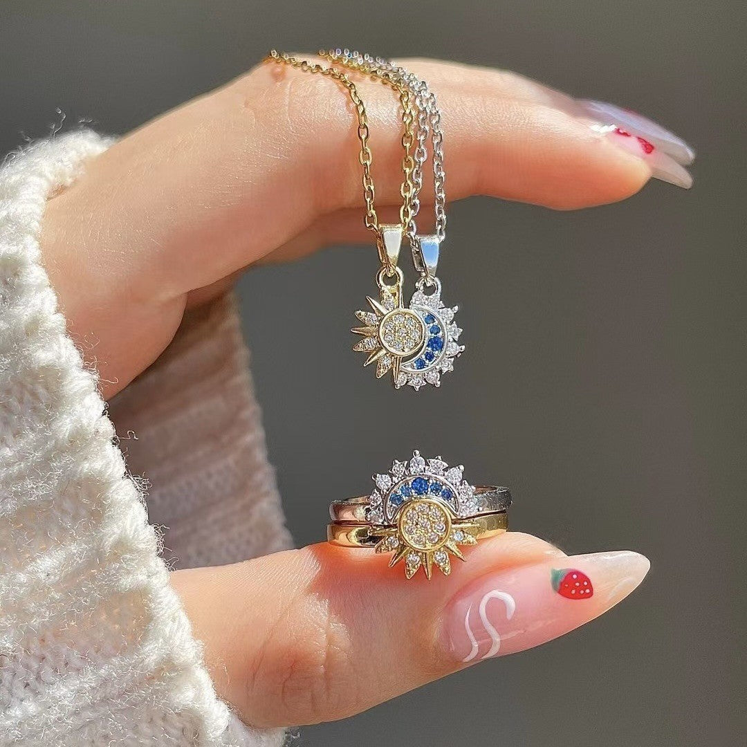 Sun and Moon Tonghui Open Ring Pendant Micro-inlaid Zircon Titanium Steel Necklace Bracelet Couple Ring