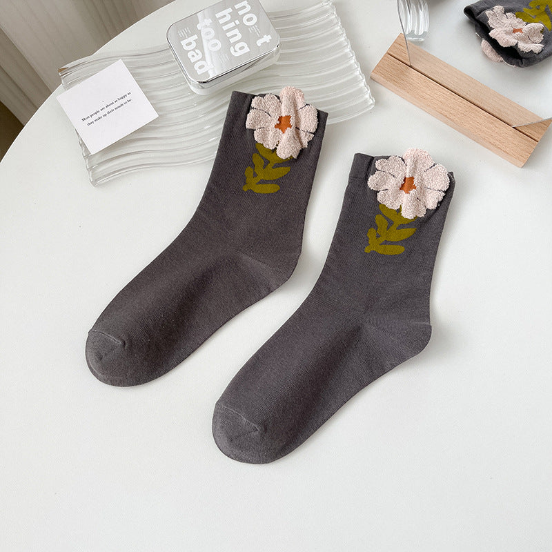 Socks Women's Pure Cotton Spring and Autumn Tube Three-dimensional Flower Cotton Socks Small Flower Japanese Trend Internet Celebrity Casual Women's Socks Wholesale
