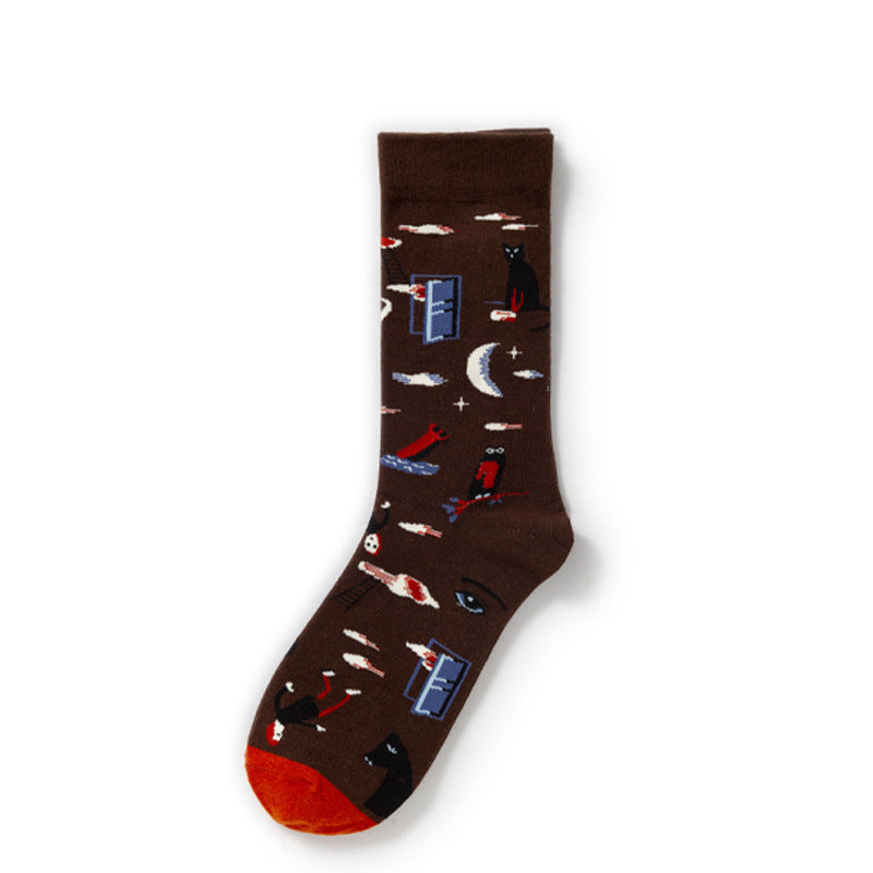 Oil Painting Socks Women's French Retro Ins Tide Autumn and Winter Abstract Tall Tube Creative Combed Cotton Women's Medium Tube Socks