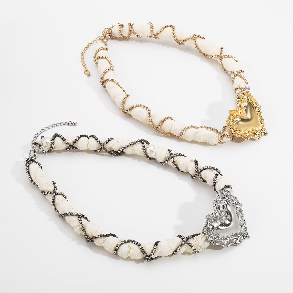 European and American New Retro Diamond-encrusted Love Necklace Fashionable Light Luxury Woven Fabric Pearl Necklace