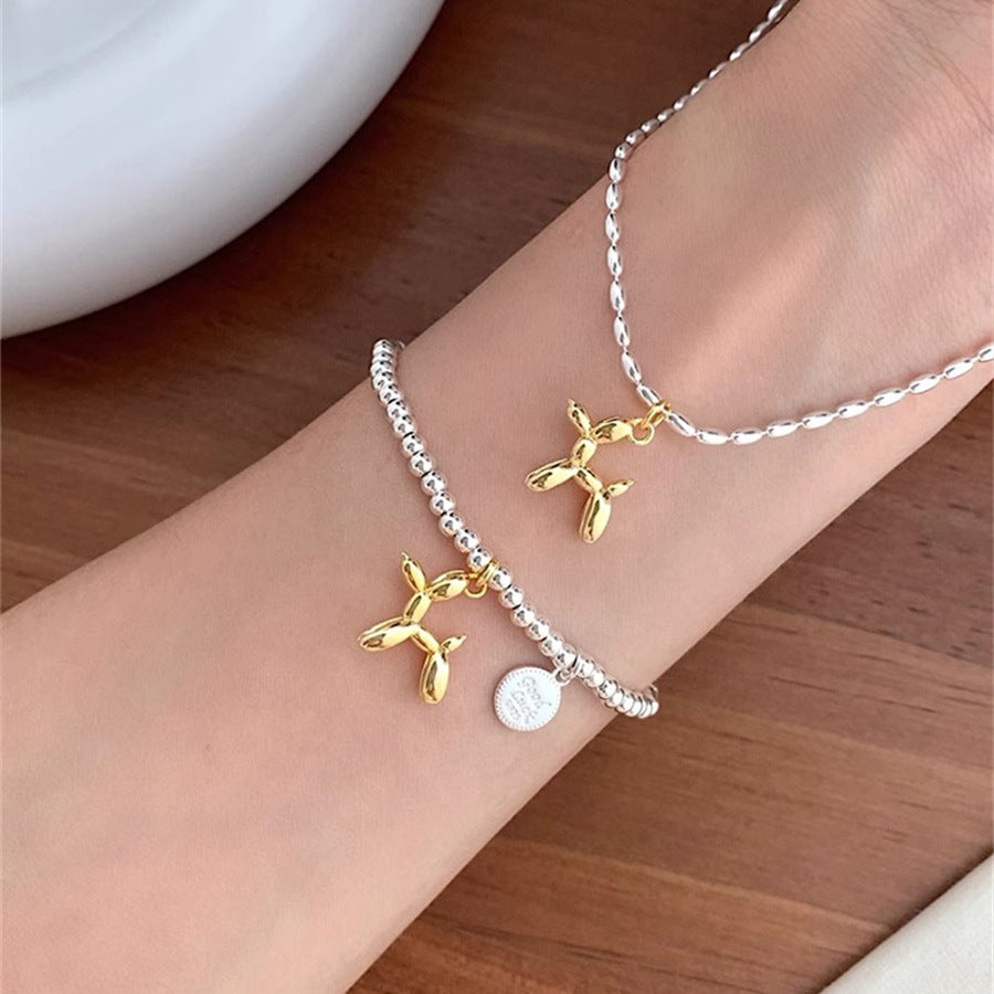Korean Version of Cute Balloon Dog S925 Sterling Silver Bracelet Women's Gold and Silver Contrasting Color Lucky Round Brand Elastic Bracelet Bracelet Bracelet Jewelry
