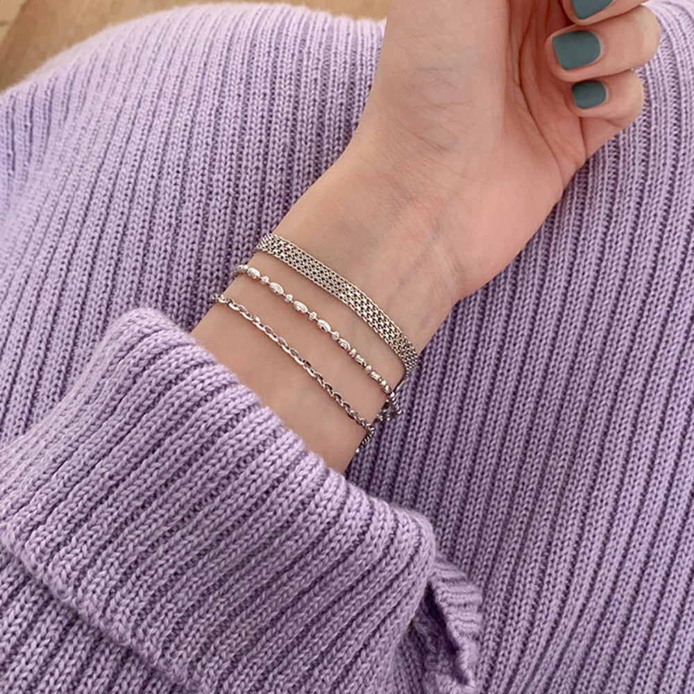 Korean Version S925 Silver Fashion Rice Grain Bracelet Women's High-end Retro Stacked Cross Chain Wide Edge Versatile Bracelet Jewelry
