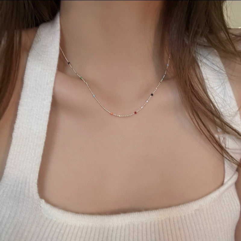Color Stacked Beaded Broken Silver Necklace Dopamine Wear Neck Chain Light Luxury Niche Design Clavicle Chain
