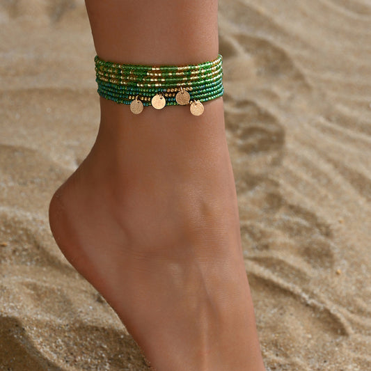 European and American Jewelry Summer Gold Disc Rice Bead Anklet Creative Bracelet Multi-purpose Beach Trend Two-piece Set