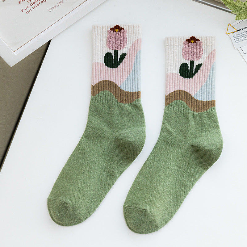 Socks Women's Pure Cotton Spring and Autumn Tube Three-dimensional Flower Cotton Socks Small Flower Japanese Trend Internet Celebrity Casual Women's Socks Wholesale