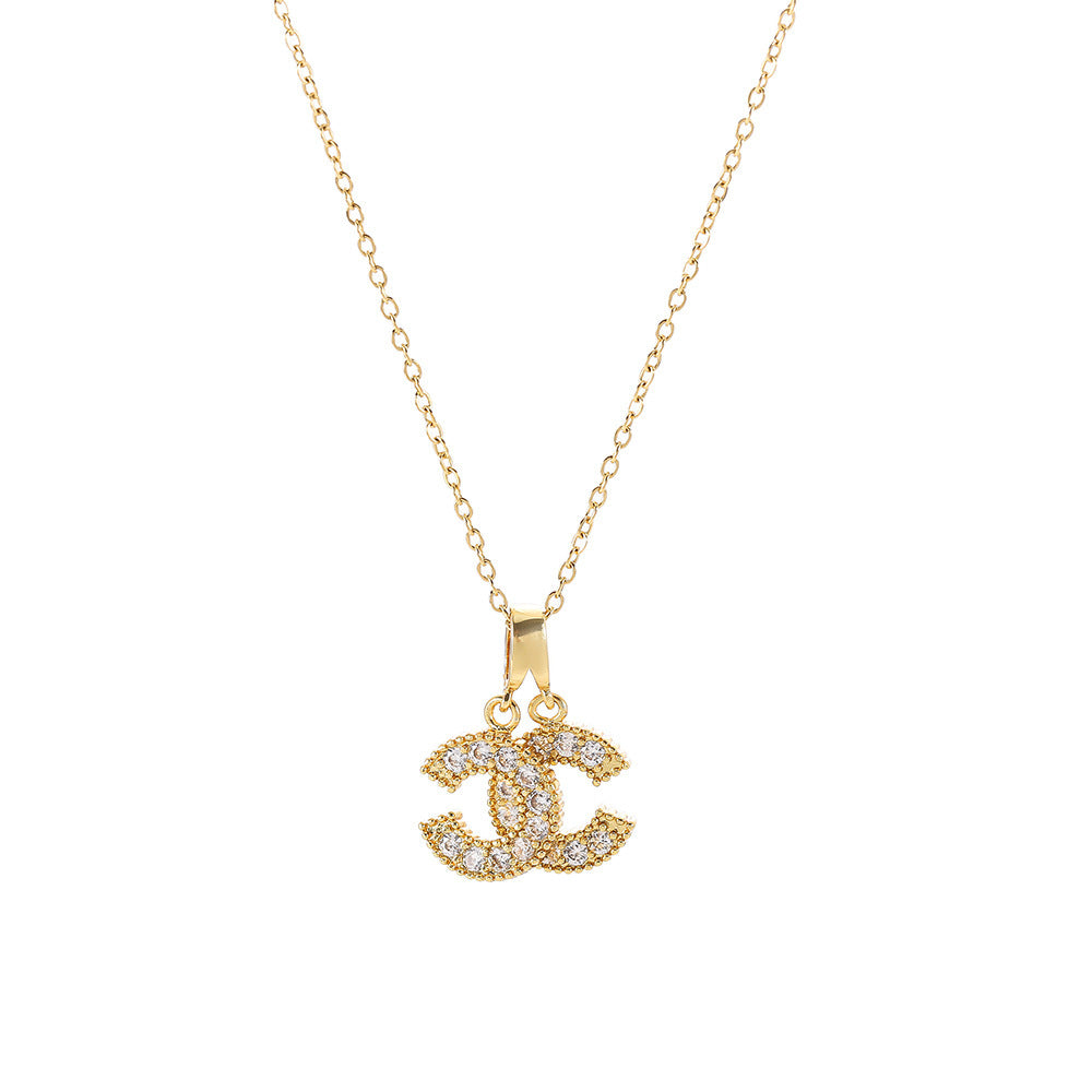 Korean Version of Titanium Steel Double C Necklace Women's Gold Micro-inlaid New Light Luxury Ins Fashion Versatile Model Supports One Piece of Hair
