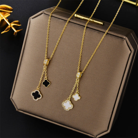 Korean Version of Fashionable and Simple Micro-inlaid Zircon Fringed Four-leaf Clover Pendant Titanium Steel Clavicle Chain Jewelry