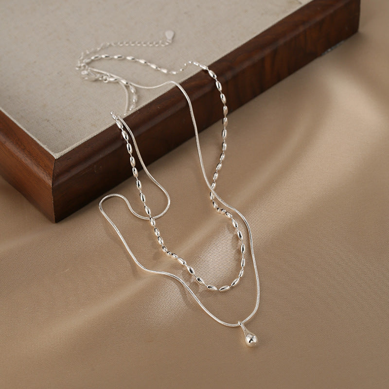 925 Sterling Silver Water Drop Double-layer Necklace Women's Light Luxury Niche Design Ins High-end Sense Simple Personality Stacked Collarbone Chain