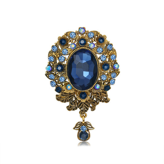 Rhinestone Alloy Brooch for Women, European and American Glass Pendant Corsage Retro Fashion Pin Accessories