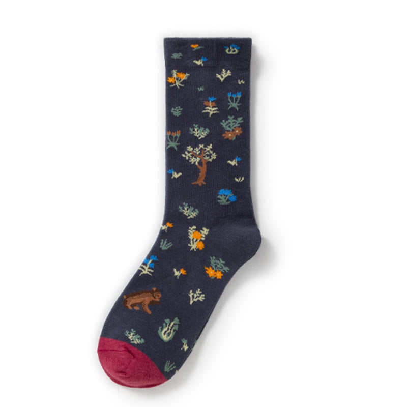 Oil Painting Socks Women's French Retro Ins Tide Autumn and Winter Abstract Tall Tube Creative Combed Cotton Women's Medium Tube Socks