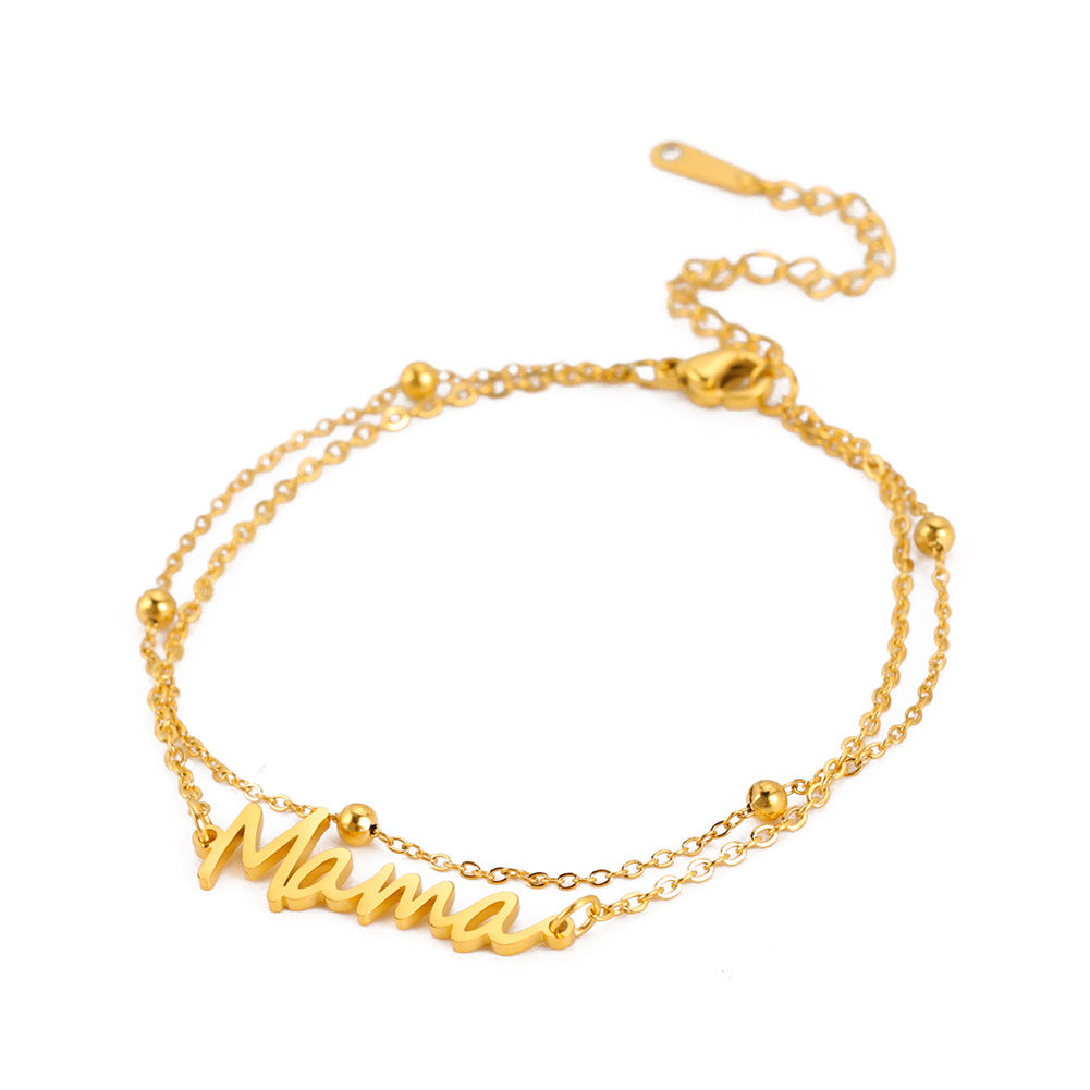 Stainless Steel Bracelet Lady Mother English Letter Pendant Multi-layer Bead Chain Mother's Day Holiday Versatile Commemorative Gift