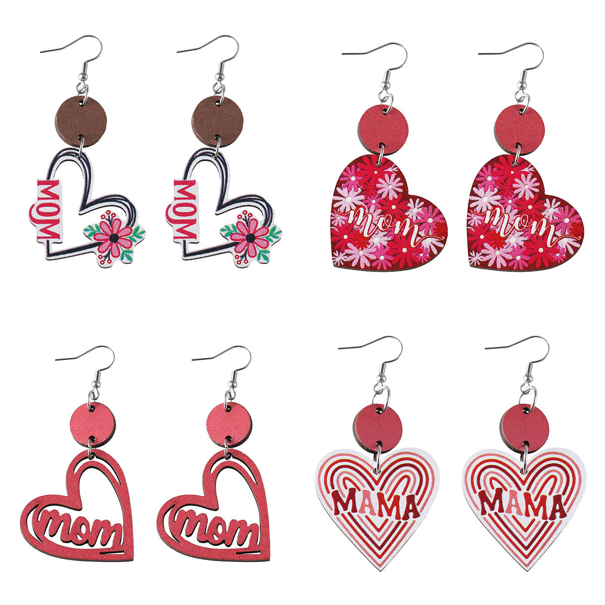 New Mother's Day MOM Flower Love Disc Splicing Pendant Earrings Wooden Double-sided Earrings Mother's Day Gift