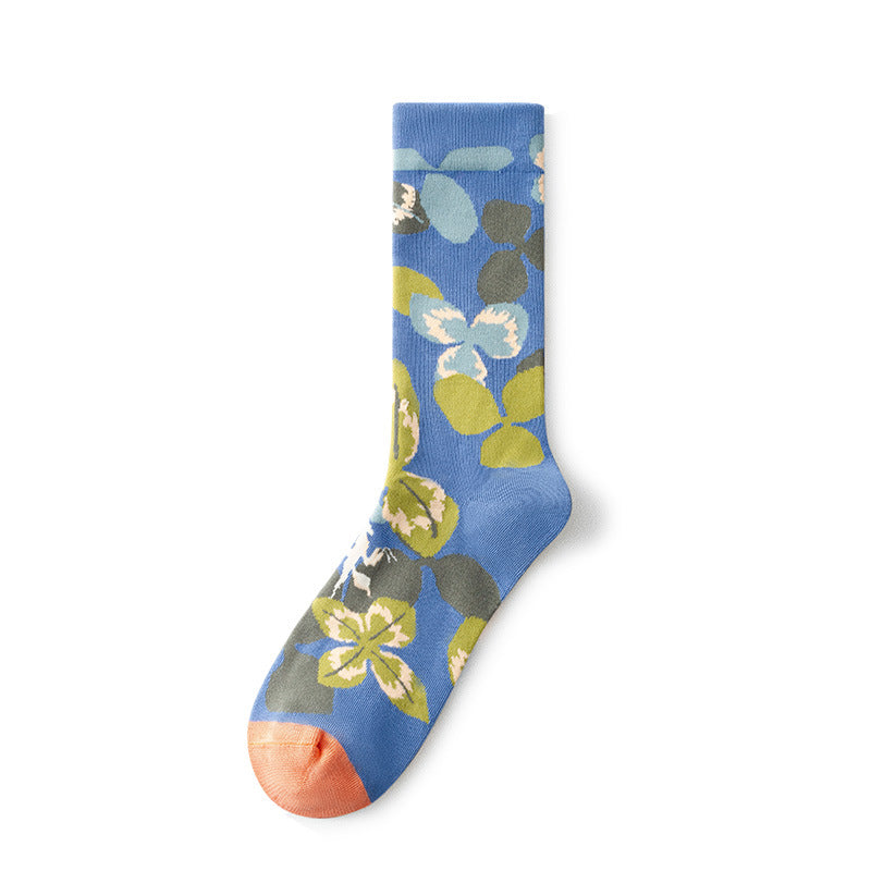 Oil Painting Socks Women's French Retro Ins Tide Autumn and Winter Abstract Tall Tube Creative Combed Cotton Women's Medium Tube Socks