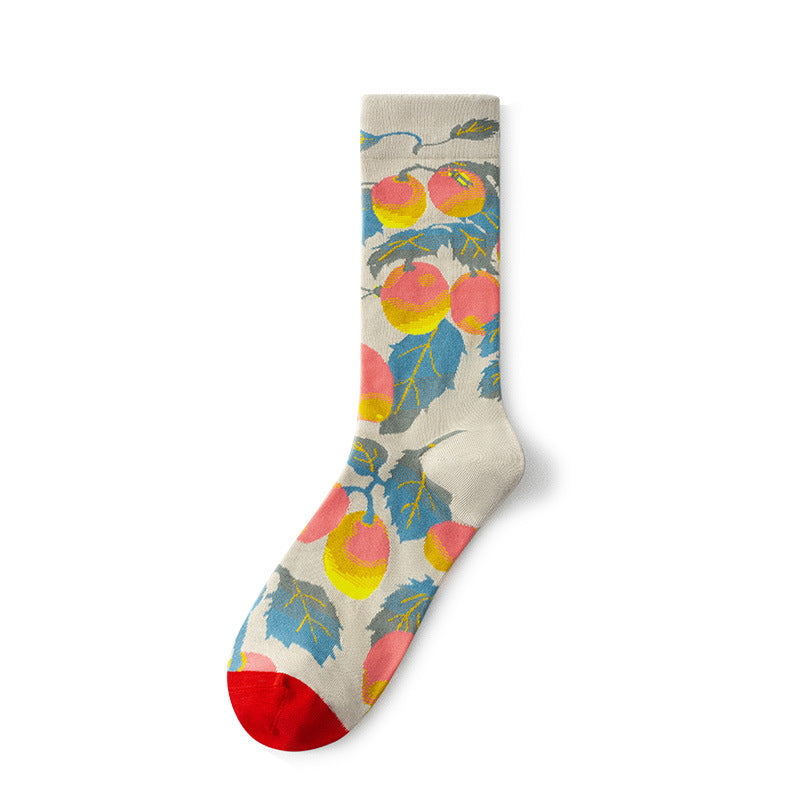 Oil Painting Socks Women's French Retro Ins Tide Autumn and Winter Abstract Tall Tube Creative Combed Cotton Women's Medium Tube Socks