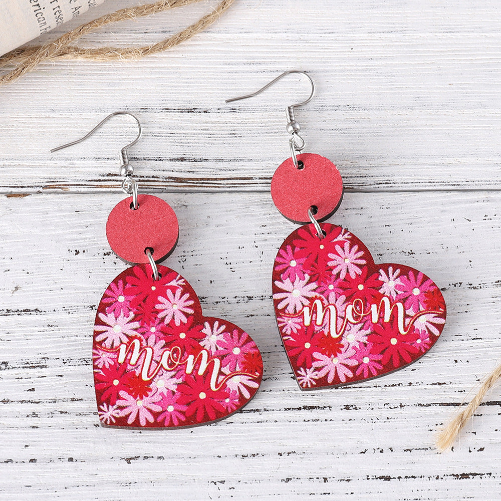 New Mother's Day MOM Flower Love Disc Splicing Pendant Earrings Wooden Double-sided Earrings Mother's Day Gift