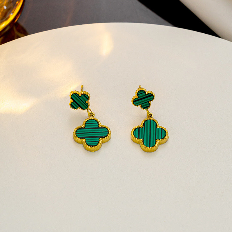 Lucky four-leaf flower fringed stud earrings Internet celebrity explosion versatile earrings exquisite Fan family temperament high-end earrings