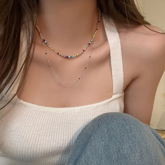 Color Stacked Beaded Broken Silver Necklace Dopamine Wear Neck Chain Light Luxury Niche Design Clavicle Chain