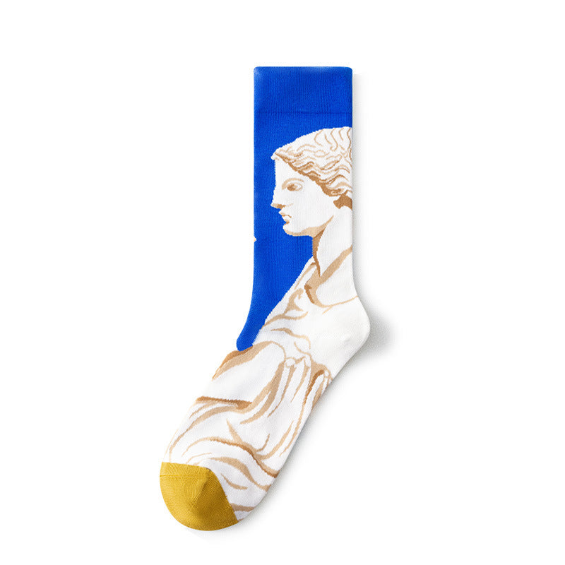Oil Painting Socks Women's French Retro Ins Tide Autumn and Winter Abstract Tall Tube Creative Combed Cotton Women's Medium Tube Socks