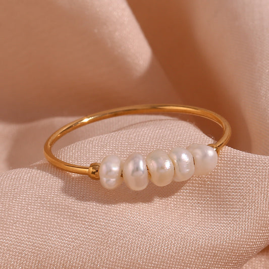 European and American Fashion Temperament Niche Light Luxury Explosive Ring Jewelry Stainless Steel Plated 18K Fine Freshwater Pearl Ring