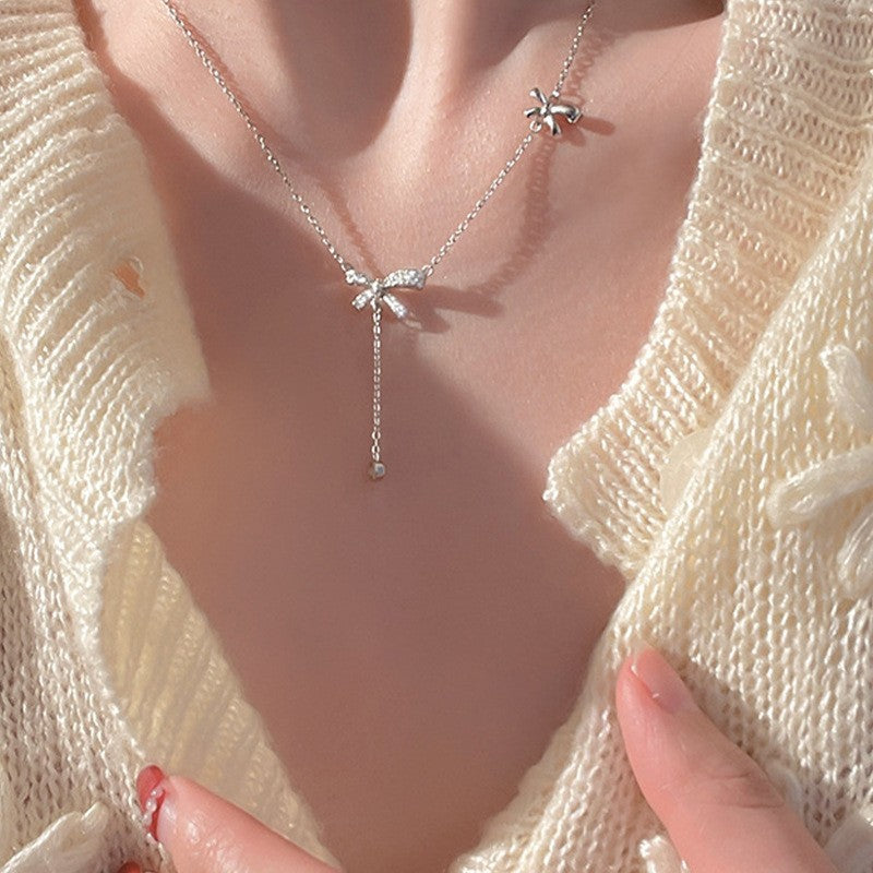 925 Silver Luck Pearl Necklace Female Butterfly Cold Light Luxury Flash Diamond Ins Wind Niche Collarbone Chain