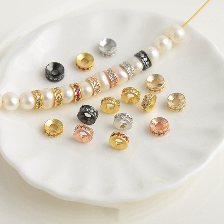 Color Retention 18k Gold Beaded Spacer Micro-inlaid Zircon Copper Color Zirconium Round Drill Ring Bead Spacer Handmade DIY Bracelet Material