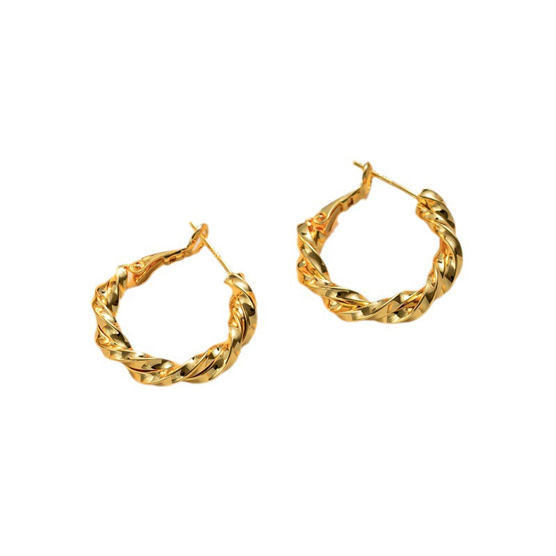 French style, elegant and small, exquisite and simple, versatile twist knot, titanium steel gold-plated, circle commuter earrings, earrings for women