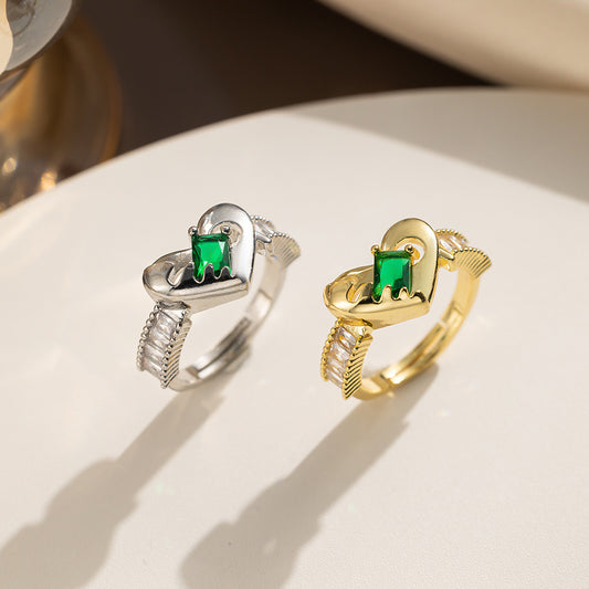 Supply Color Zircon Love Ring Women's Fashion Simple and Sweet Style Electroplated Peach Heart Open Ring Jewelry