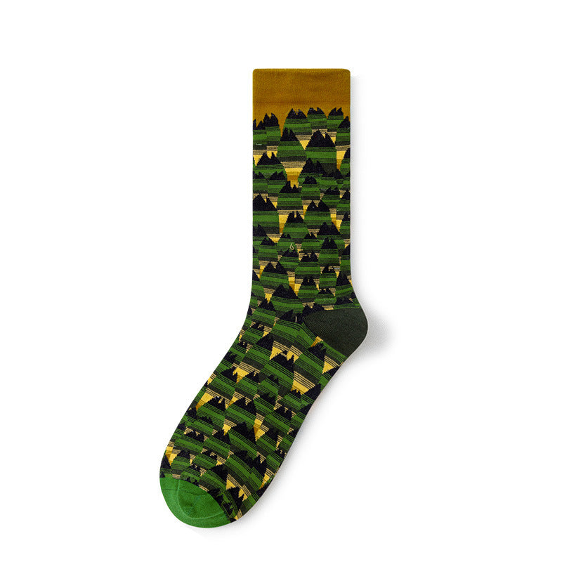 Oil Painting Socks Women's French Retro Ins Tide Autumn and Winter Abstract Tall Tube Creative Combed Cotton Women's Medium Tube Socks