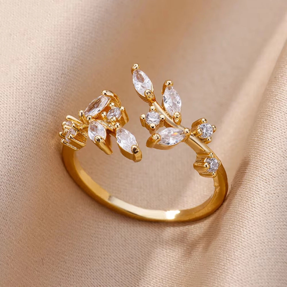 Women 18K Gold Plated Full Diamond Titanium Steel Non-Fading Opening Ring Zircon Leaf Ring