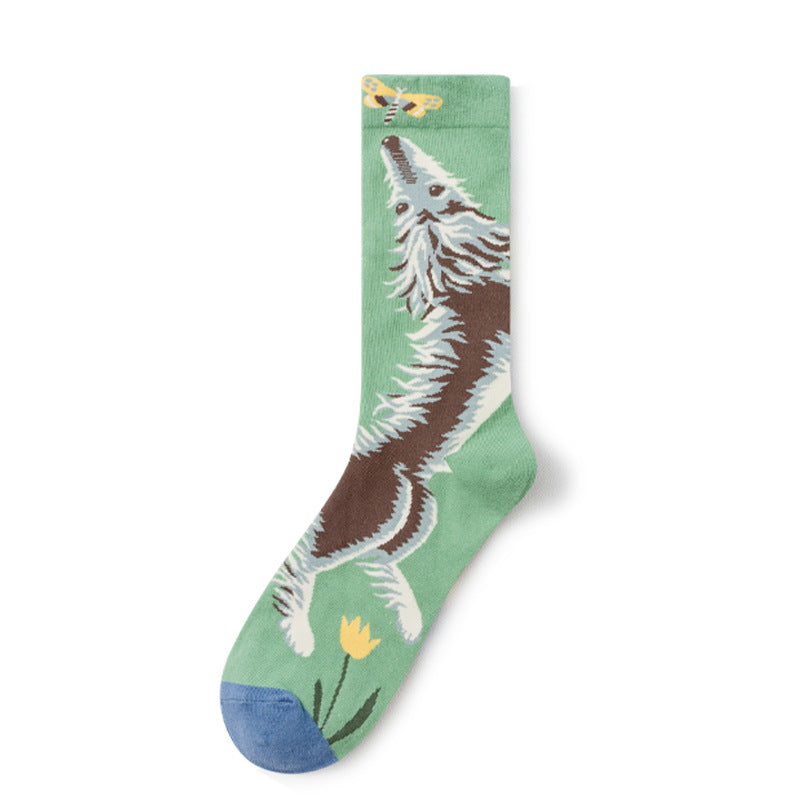 Oil Painting Socks Women's French Retro Ins Tide Autumn and Winter Abstract Tall Tube Creative Combed Cotton Women's Medium Tube Socks