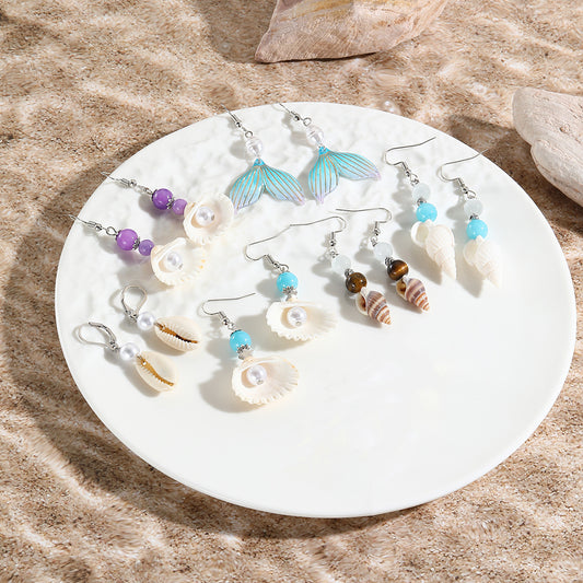 European and American New Marine Series Earrings Natural Stone Bohemi Shell Earrings Set Pearl Shell Earrings