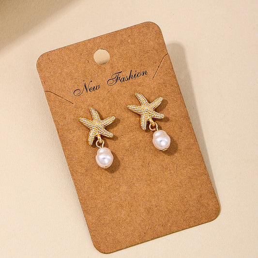 1 Pair of European and American Summer New Temperament Metal Starfish Pearl Fringed Women's Earrings Earrings Holiday Style