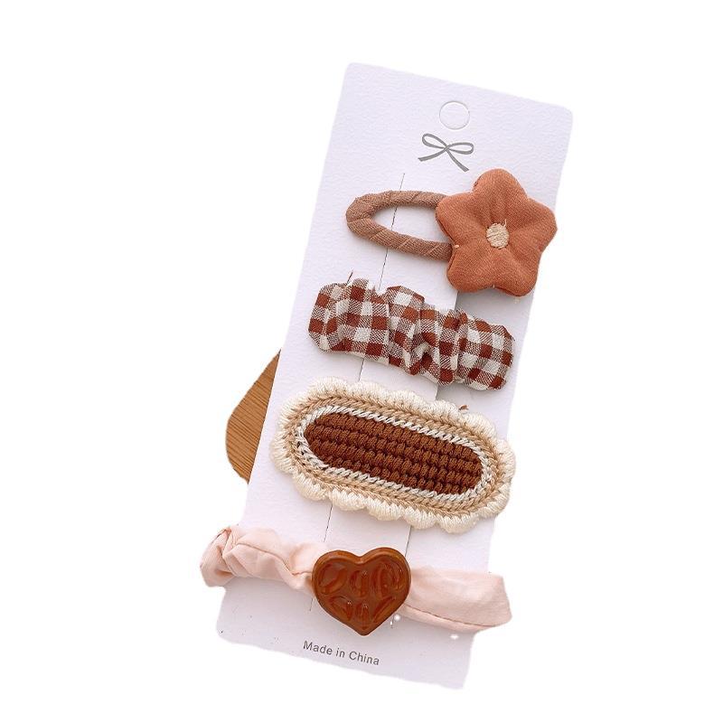 4 Milk Coffee Color Versatile Fabric Children's Break Clip Bow Girl Heart Hairpin Edge Clip Korean Sweet Hairpin