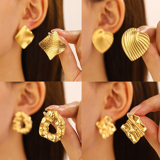 Titanium Steel Pleated Geometric Earrings Women's New Irregular Round Square Love Stud Earrings Medieval Earrings Tide