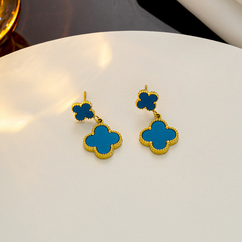 Lucky four-leaf flower fringed stud earrings Internet celebrity explosion versatile earrings exquisite Fan family temperament high-end earrings
