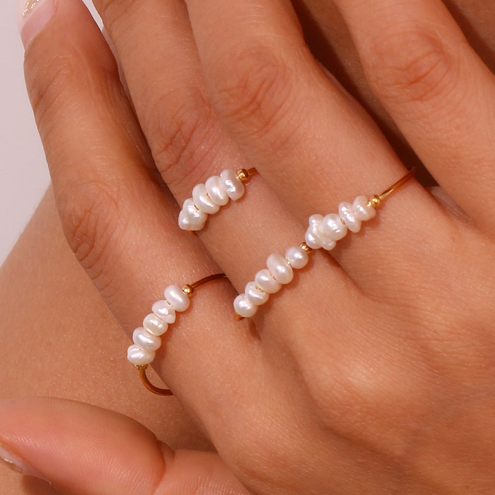 European and American Fashion Temperament Niche Light Luxury Explosive Ring Jewelry Stainless Steel Plated 18K Fine Freshwater Pearl Ring