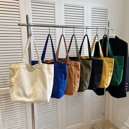 Canvas Bag Korean Version of Foreign Trade Literature and Art Solid Color Large Capacity Shoulder Tote Bag To Work Versatile Ins Women's Commuter Bag