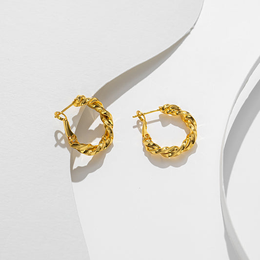 French style, elegant and small, exquisite and simple, versatile twist knot, titanium steel gold-plated, circle commuter earrings, earrings for women