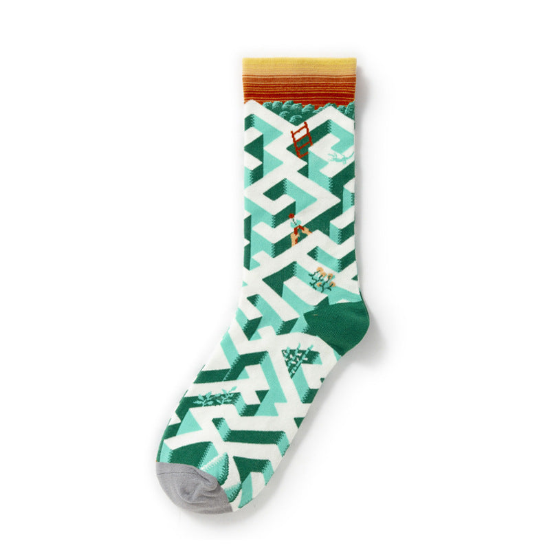 Oil Painting Socks Women's French Retro Ins Tide Autumn and Winter Abstract Tall Tube Creative Combed Cotton Women's Medium Tube Socks