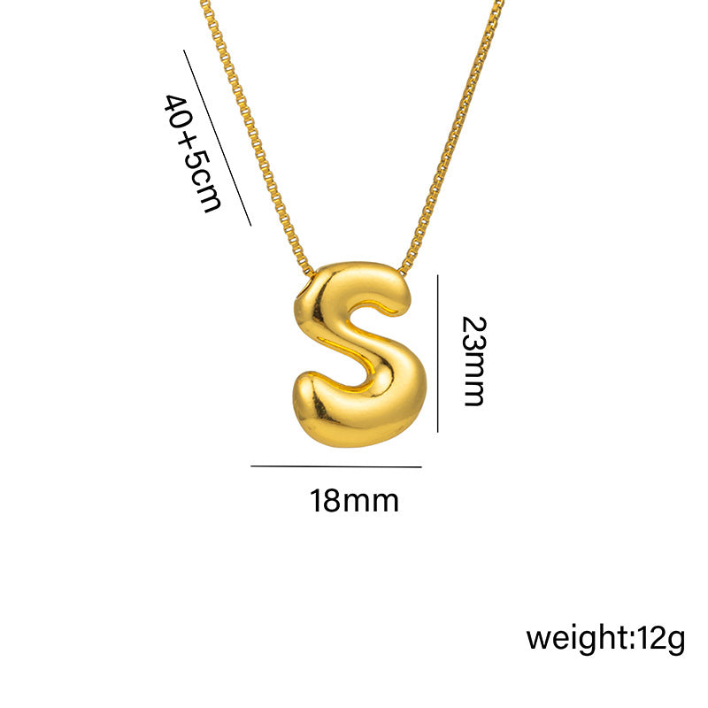 Titanium Steel 18k Real Gold Glossy Balloon Bubble Chubby Cute Q Version 26 English Letters Pendant Necklace