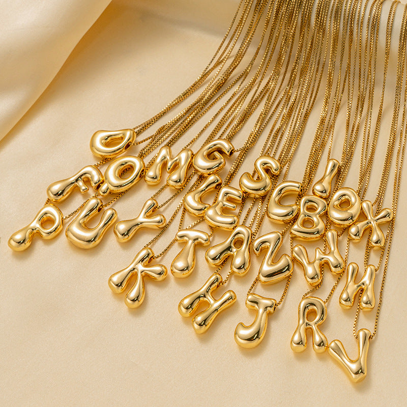 Titanium Steel 18k Real Gold Glossy Balloon Bubble Chubby Cute Q Version 26 English Letters Pendant Necklace