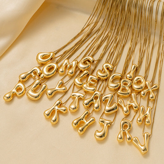 Titanium Steel 18k Real Gold Glossy Balloon Bubble Chubby Cute Q Version 26 English Letters Pendant Necklace