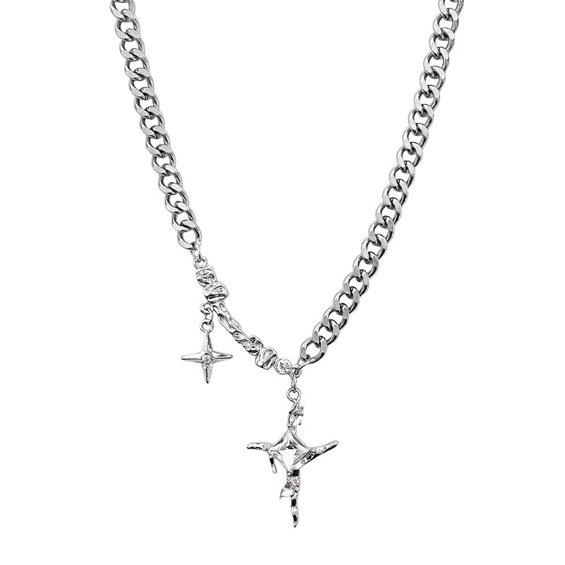 Square Diamond Star Cross Necklace Ins Hip Hop Neutral Trendy Cool Niche Collarbone Chain Female