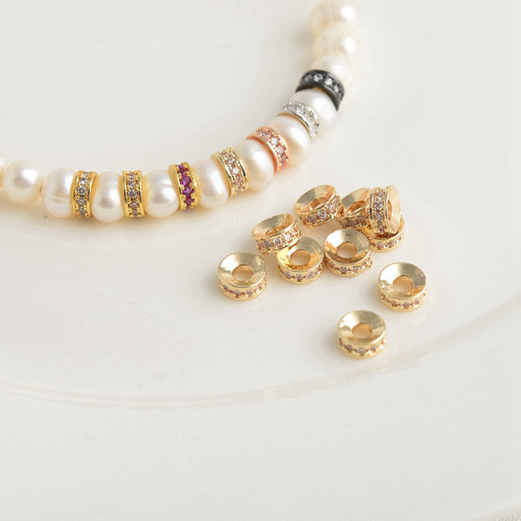 Color Retention 18k Gold Beaded Spacer Micro-inlaid Zircon Copper Color Zirconium Round Drill Ring Bead Spacer Handmade DIY Bracelet Material