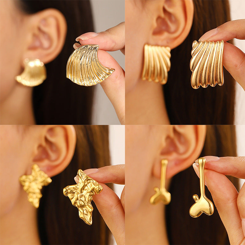 Titanium Steel Pleated Geometric Earrings Women's New Irregular Round Square Love Stud Earrings Medieval Earrings Tide