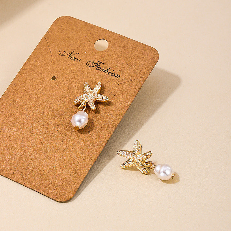 1 Pair of European and American Summer New Temperament Metal Starfish Pearl Fringed Women's Earrings Earrings Holiday Style