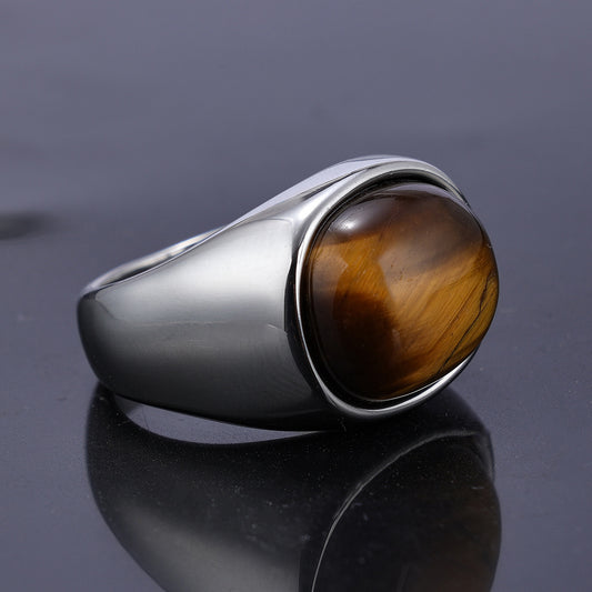 European and American Men's Jewelry Stainless Steel High-grade Tiger's Eye Stone Ring, Antique Personality, Simple Spot